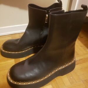 Coach Black Leather Platform Ankle Boots with Gold Stud Trim
